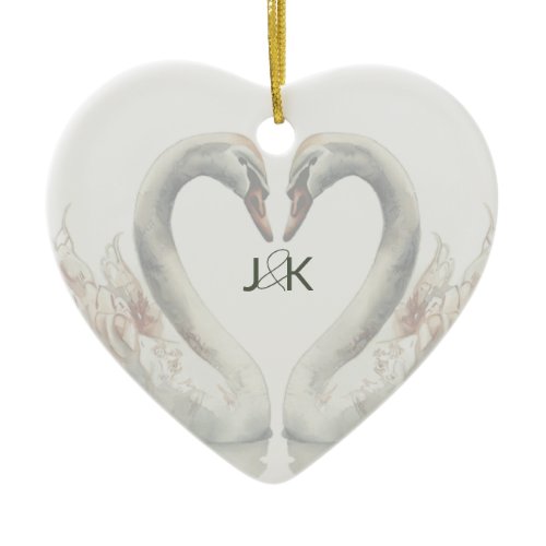 Romantic Swans Wedding Couple Monogram Ceramic Ornament
