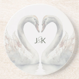Romantic Swans Wedding Couple Monogram Coaster