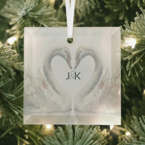 Romantic Swans Wedding Couple Monogram Glass Ornament