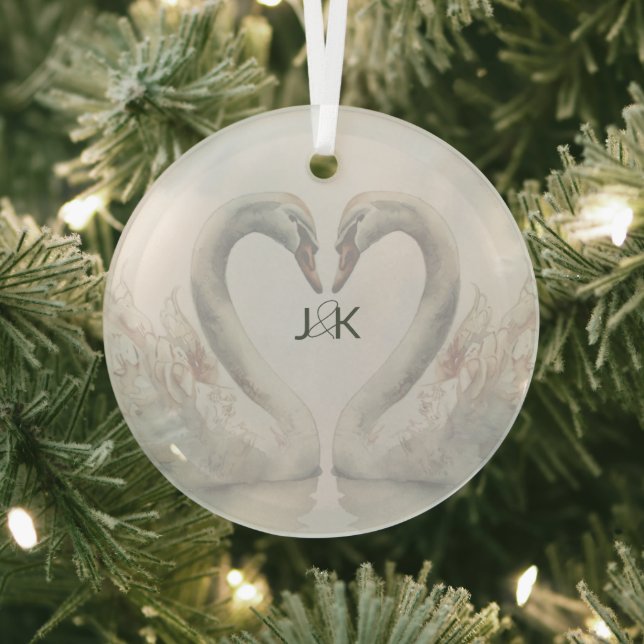 Romantic Swans Wedding Couple Monogram Glass Ornament (Insitu)