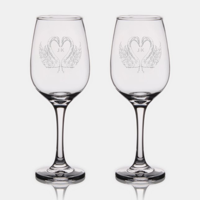 Romantic Swans Wedding Couple Monogram Glasses (Glassware)