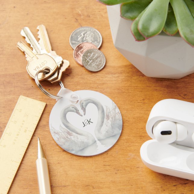 Romantic Swans Wedding Couple Monogram Keychain (Desk)