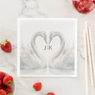 Romantic Swans Wedding Couple Monogram Paper Dinner Napkins