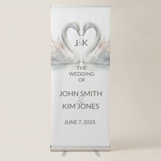 Romantic Swans Wedding Couple Monogram Retractable Banner (Front)