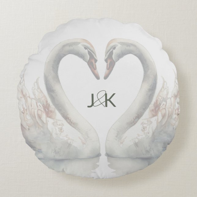 Romantic Swans Wedding Couple Monogram Round Pillow (Front)