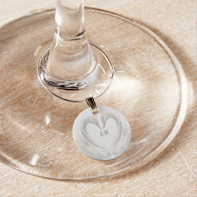 Romantic Swans Wedding Couple Monogram Wine Charm (In Situ)