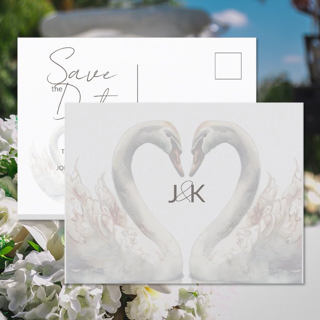 Romantic Swans Wedding Save the Date Postcard (Romantic Swans Wedding Save the Date Postcard (front and back))
