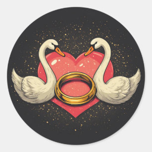 Romantic Swans with Heart Shape, Wedding Ring Classic Round Sticker