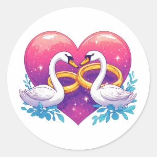 Romantic Swans with Heart Shape, Wedding Rings Classic Round Sticker