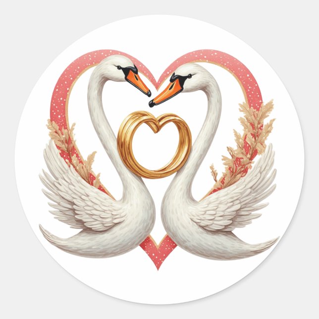 Romantic Swans with Heart Shape, Wedding Rings Classic Round Sticker (Front)