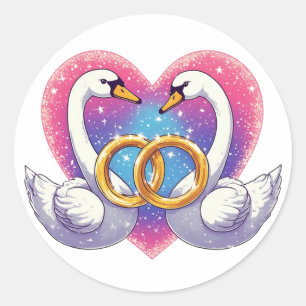 Romantic Swans with Heart Shape, Wedding Rings Classic Round Sticker
