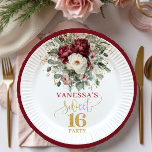 Romantic Sweet 16 Blush Burgundy Floral Plates