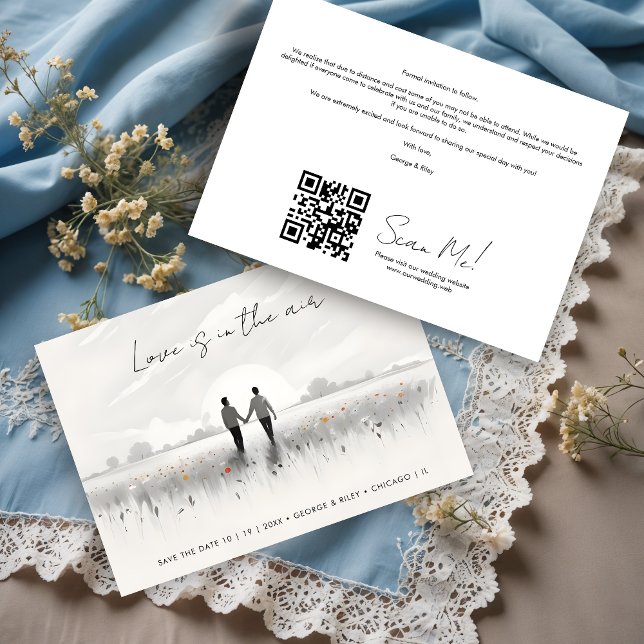 Romantic Sweet Cute Wildflowers Field Gay Couple Save The Date (Romantic Charming Sweet Cute Wildflowers Field with Walking Gay Couple Wedding Save the Date Cards.)