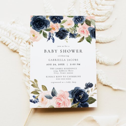 Romantic  Sweet Navy Blush Floral Baby Shower Invitation