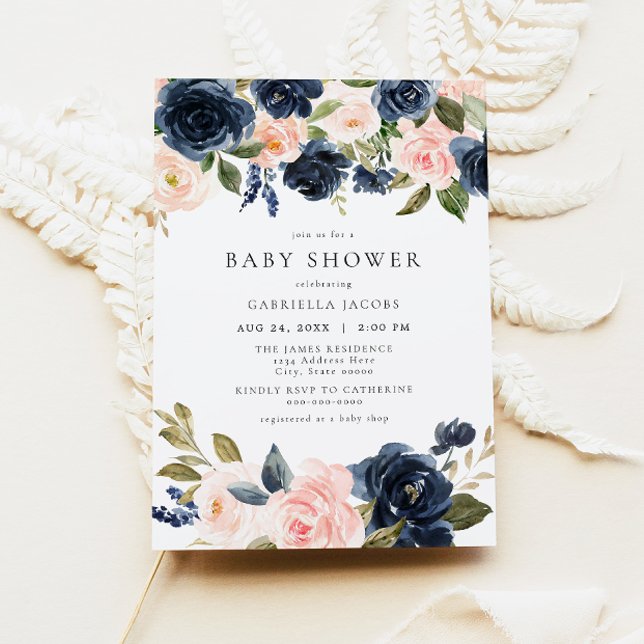Romantic & Sweet Navy Blush Floral Baby Shower Invitation (Creator Uploaded)