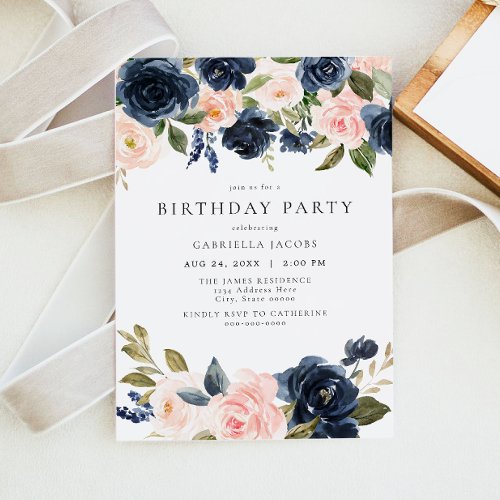 Romantic  Sweet Navy Blush Floral Birthday Party Invitation