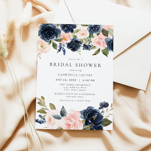Romantic & Sweet Navy Blush Floral Bridal Shower Invitation (Creator Uploaded)