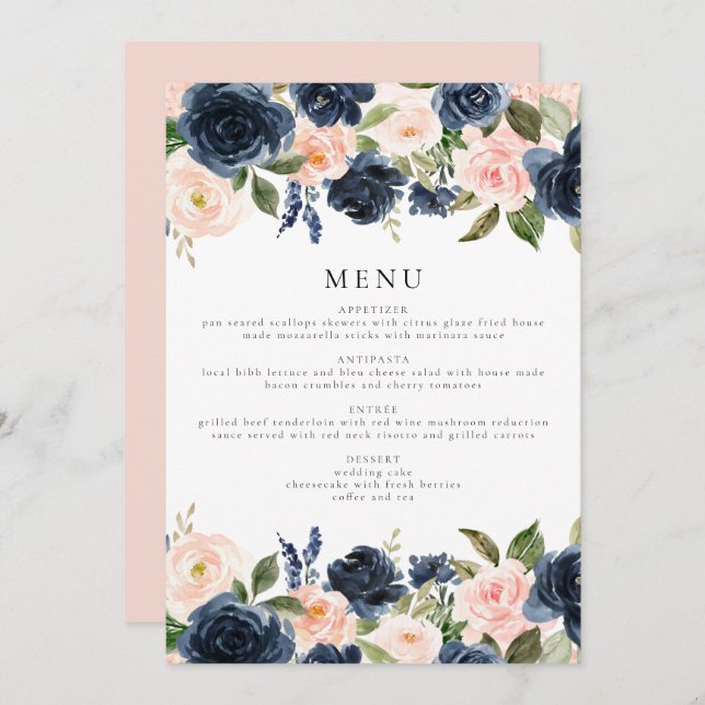 Romantic & Sweet Navy Blush Floral Dinner Menu Invitation (Front/Back)