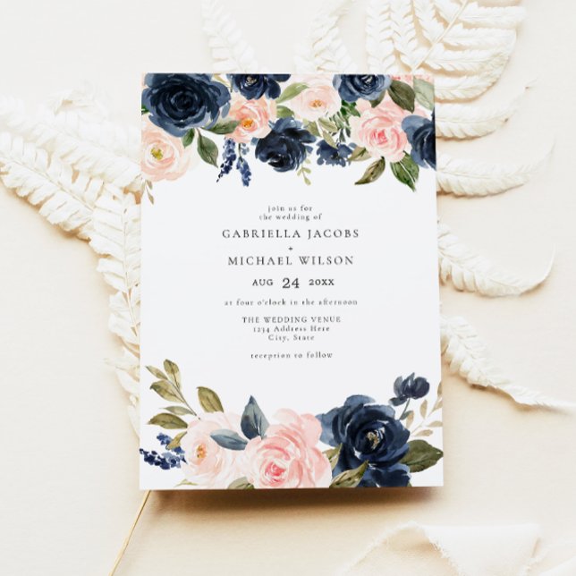 Romantic & Sweet Navy Blush Floral Garden Wedding Invitation (Creator Uploaded)