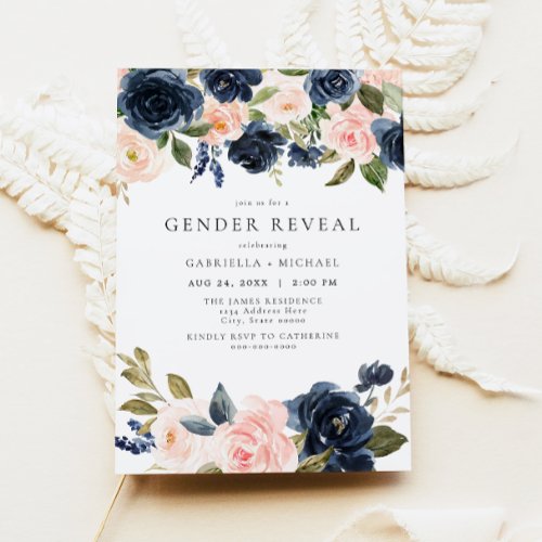 Romantic  Sweet Navy Blush Floral Gender Reveal Invitation