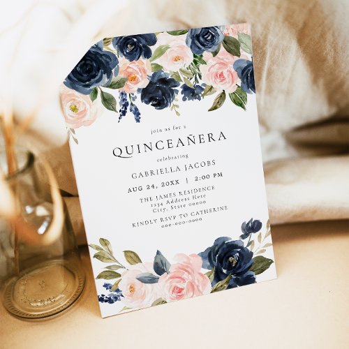 Romantic  Sweet Navy Blush Floral Quinceaera Invitation