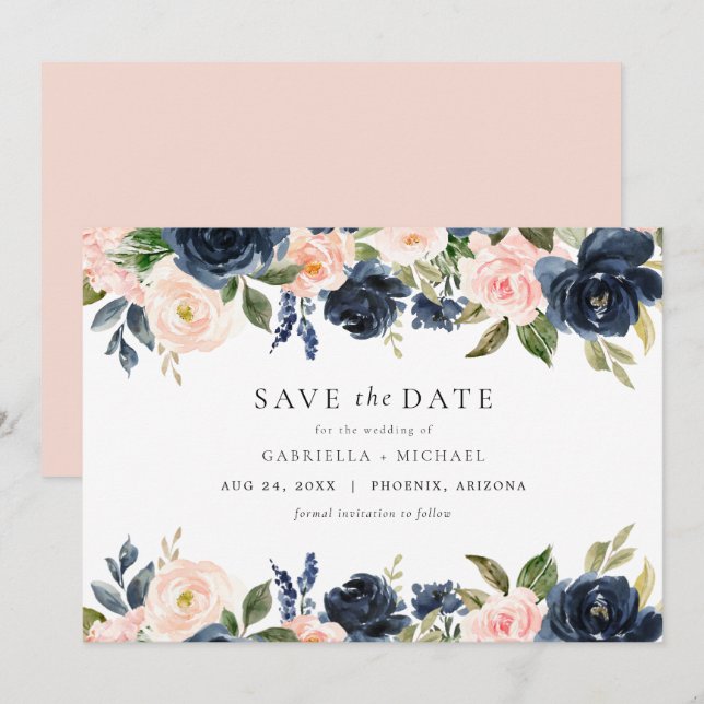 Romantic & Sweet Navy Blush Floral Save the Date Invitation (Front/Back)