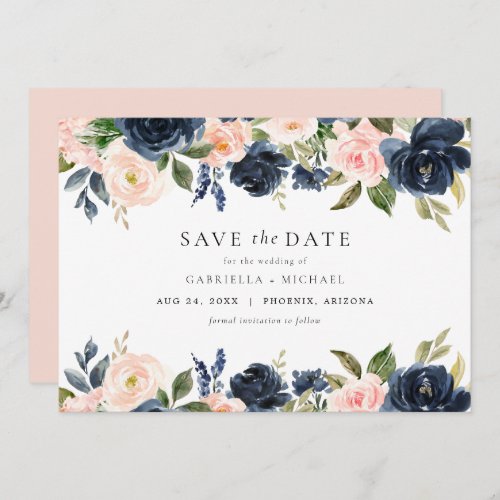 Romantic  Sweet Navy Blush Floral Save the Date Invitation