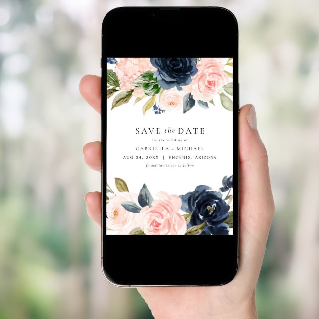 Romantic & Sweet Navy Blush Floral Save the Date Invitation (Front Digital)