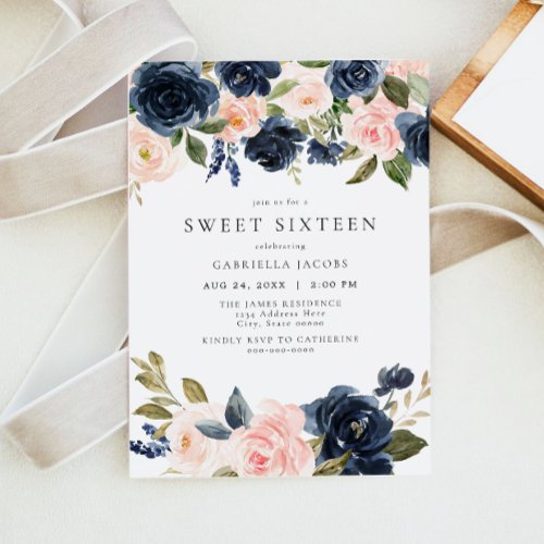 Romantic  Sweet Navy Blush Floral Sweet 16 Invitation