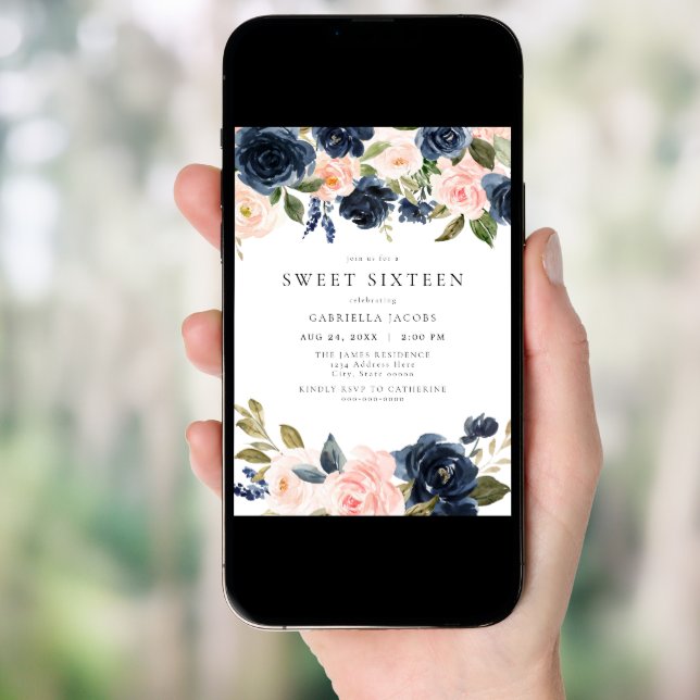 Romantic & Sweet Navy Blush Floral Sweet 16 Invitation (Front Digital)