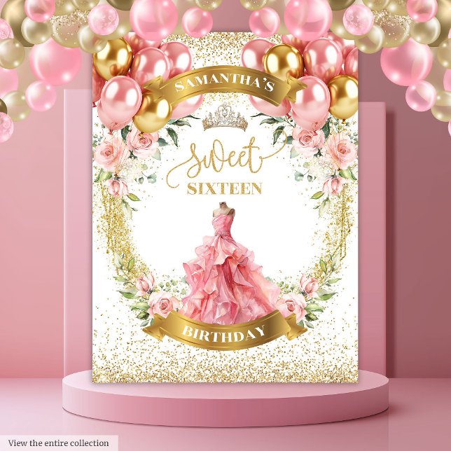 Romantic Sweet Sixteen Banner Blush Dress Gold  Tapestry (Romantic Sweet Sixteen Banner Blush Dress Gold Tapestry)