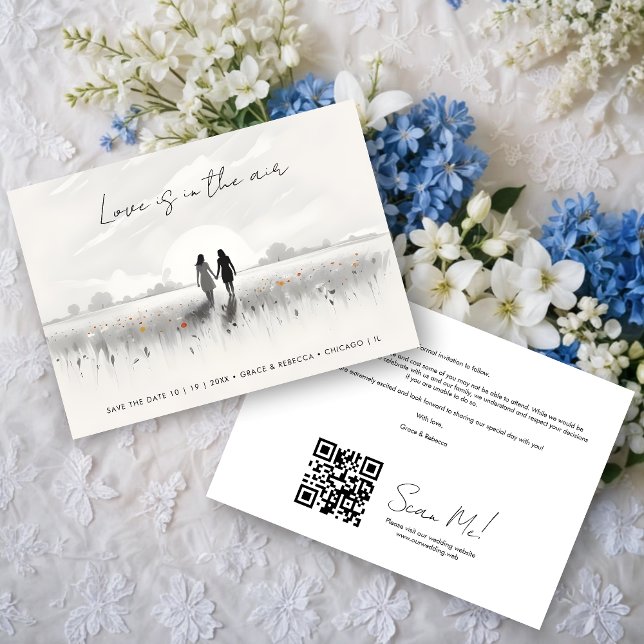 Romantic Sweet Wildflowers Field Lesbian Couple Save The Date (Romantic Charming Sweet Cute Wildflowers Field, Walking Lesbian Couple Wedding Save the Date Cards.)