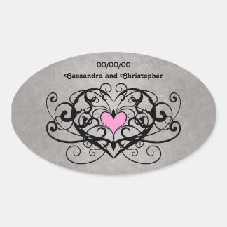Romantic swirls and hearts wedding oval sticker