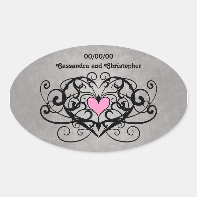 Romantic swirls and hearts wedding oval sticker (Front)
