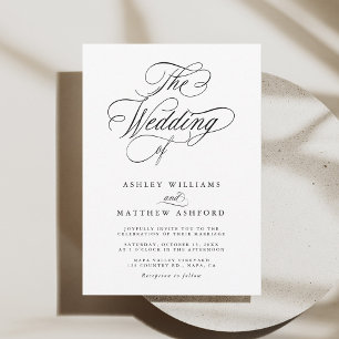 Romantic Swirly Calligraphy Black & White Wedding Invitation