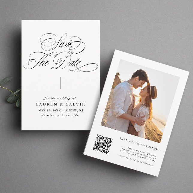 Romantic Swirly Calligraphy QR Code Photo Save The Date (Front & Back)
