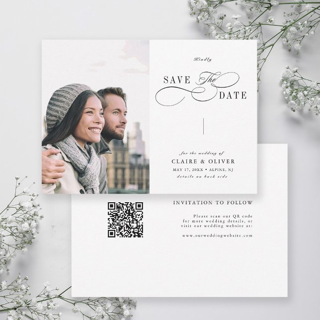 Romantic Swirly Calligraphy QR Code Wedding Photo Save The Date (Front & Back)