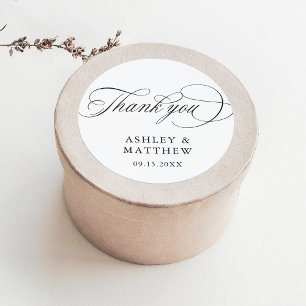 Romantic Swirly Calligraphy Wedding Thank You Classic Round Sticker