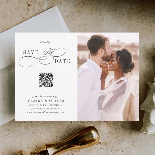 Romantic Swirly Script QR Code Wedding Photo Save The Date