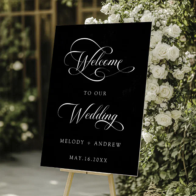 Welcome Caps Script Romantic Swirly Script Wedding Welcome Black Acrylic Sign | Zazzle