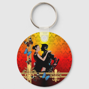 Romantic tango dancers on damask keychain