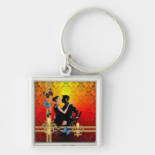 Romantic tango dancers on damask keychain (Front)