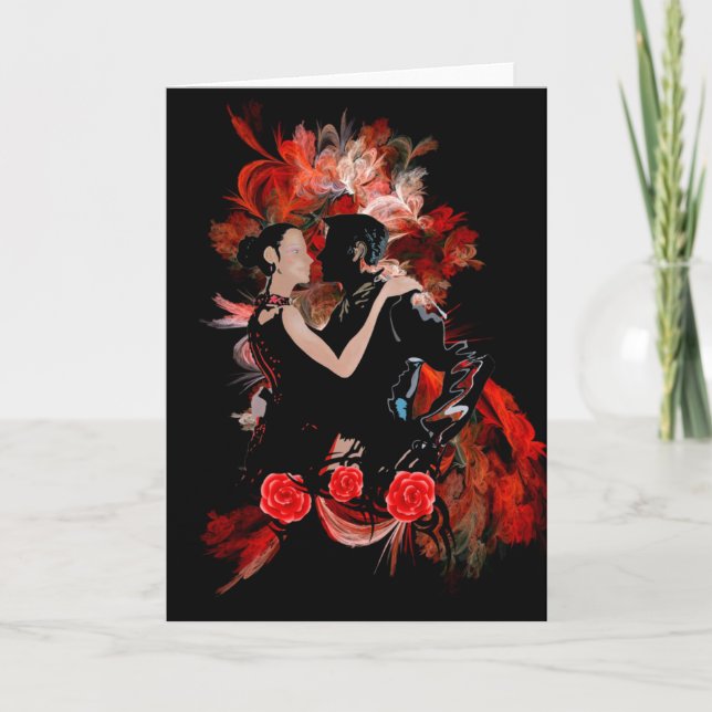 Romantic tango dancers on red fractal card (Front)