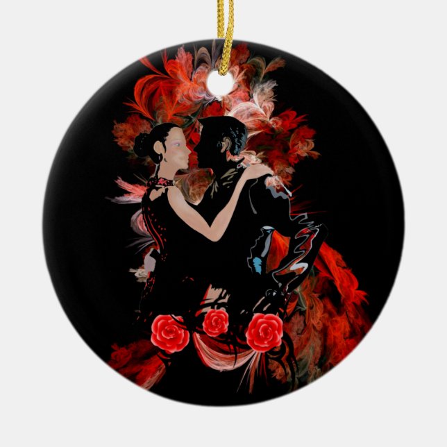 Romantic tango dancers on red fractal ceramic ornament (Front)