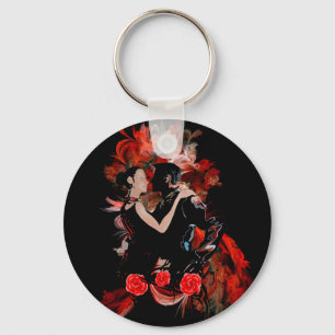 Romantic tango dancers on red fractal keychain