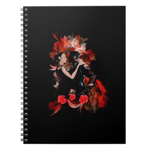 Romantic tango dancers on red fractal notebook