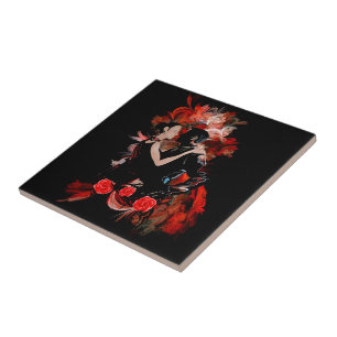 Romantic tango dancers on red fractal tile