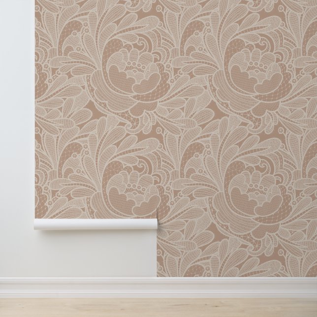 Romantic Taupe Lace Floral Pattern Wallpaper (Application)