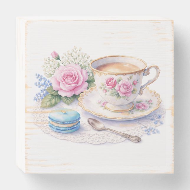 Romantic Tea Cup & Blue Macaron Watercolor  Wooden Box Sign (Front Horizontal)