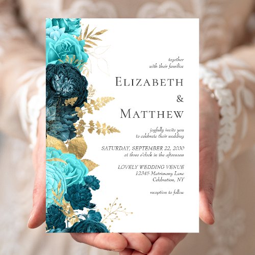 Romantic Teal Blue Gold Floral Wedding Invitation